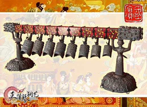 8件古編鐘，銅人銅座裝飾，可發(fā)音